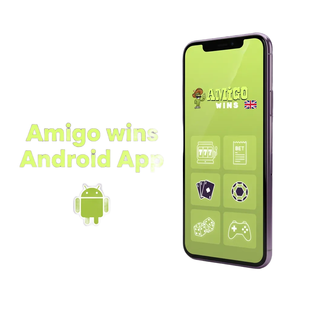 Amigo Wins Android app interface for fast UK betting and casino; APK install steps shown.