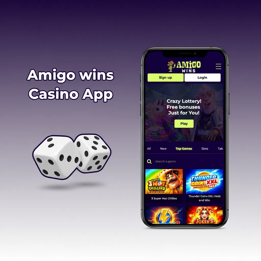 Amigo Wins casino app home screen with live tables and new slots, sports/casino switch, provider filters, and promos.