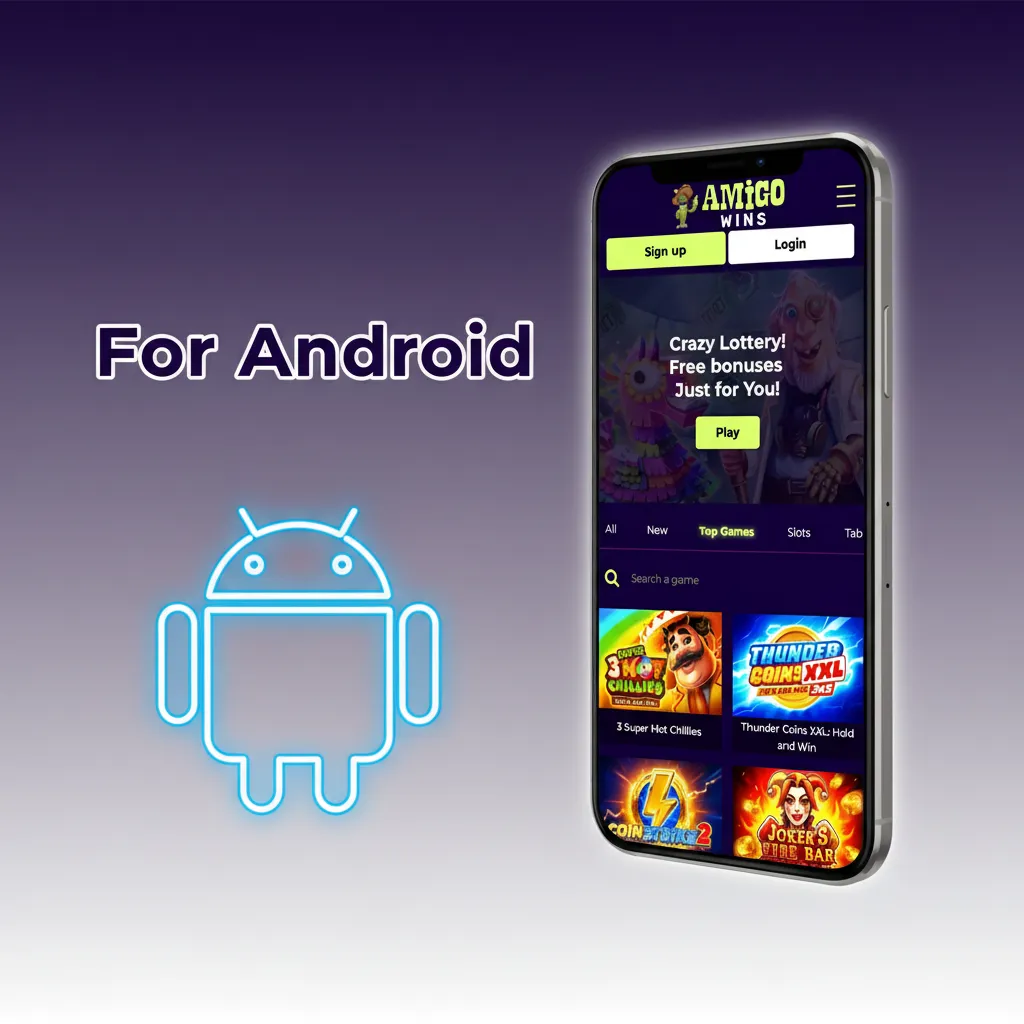 Android: Amigo wins app—steps to download APK, allow installs, install, sign in; supports Android 8.0+, 100 MB, most phones