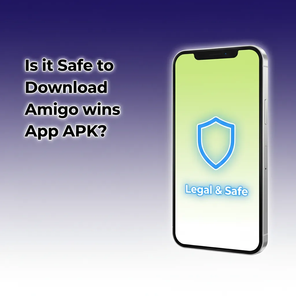 Phone showing Amigo Wins APK download with lock and shield, indicating licensed, SSL encryption, secure betting and casino.