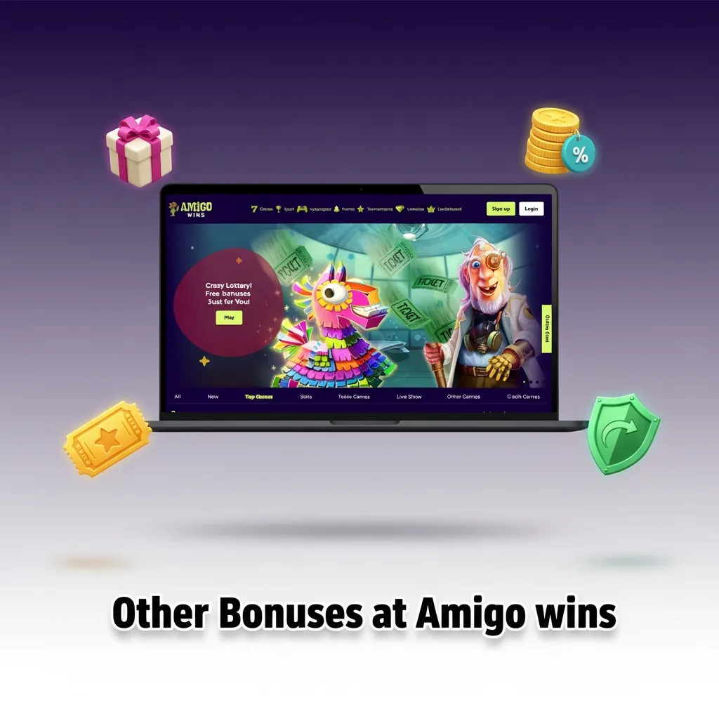 Amigo Wins bonus offers: reload bonuses, free spins packages, weekly cashback, tournaments, and VIP rewards.