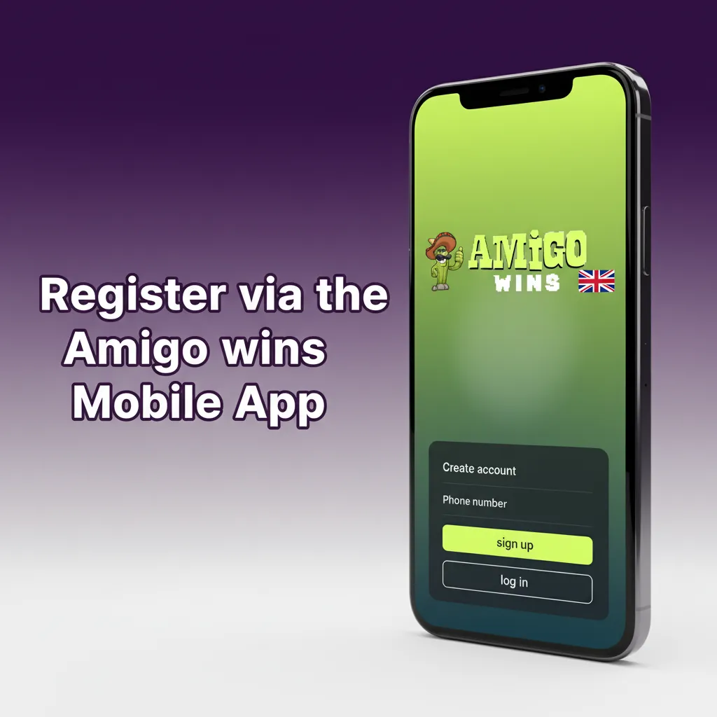 Amigo wins app registration screen on phone: choose phone/email/social, verify by SMS/email, enable Face ID/fingerprint.