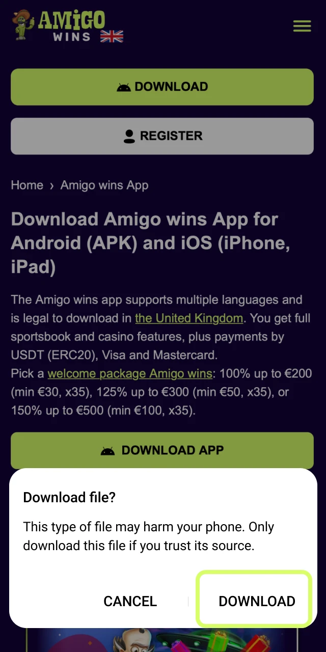 Accept the security prompt to confirm the Amigo wins APK download.