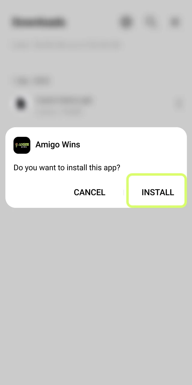 Open Downloads, find the Amigo wins APK file, tap Install, and wait for completion.