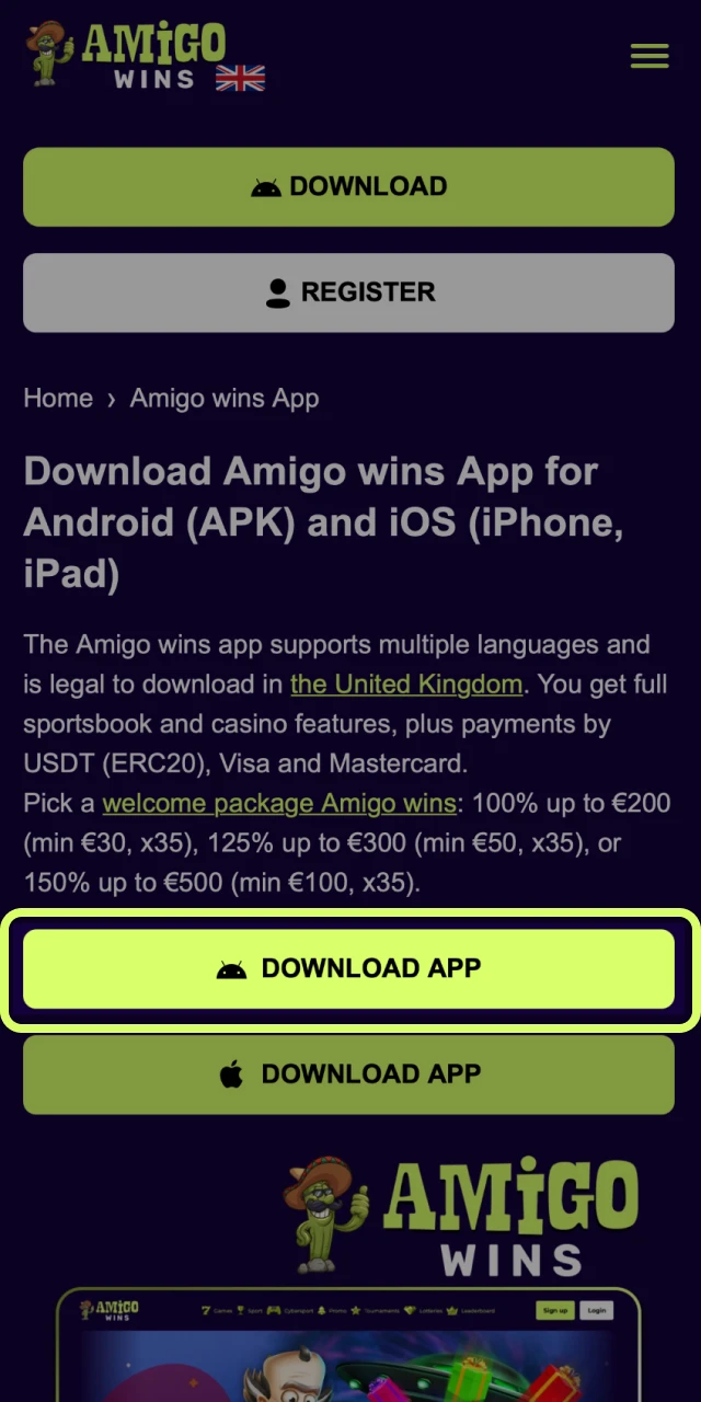 Tap the Download Amigo wins button on this page to get the APK.