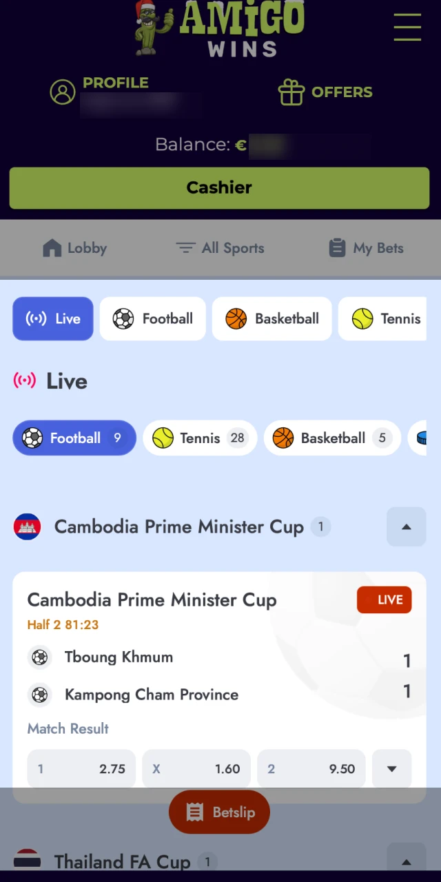Choose a sport and competition at official Amigo wins app.