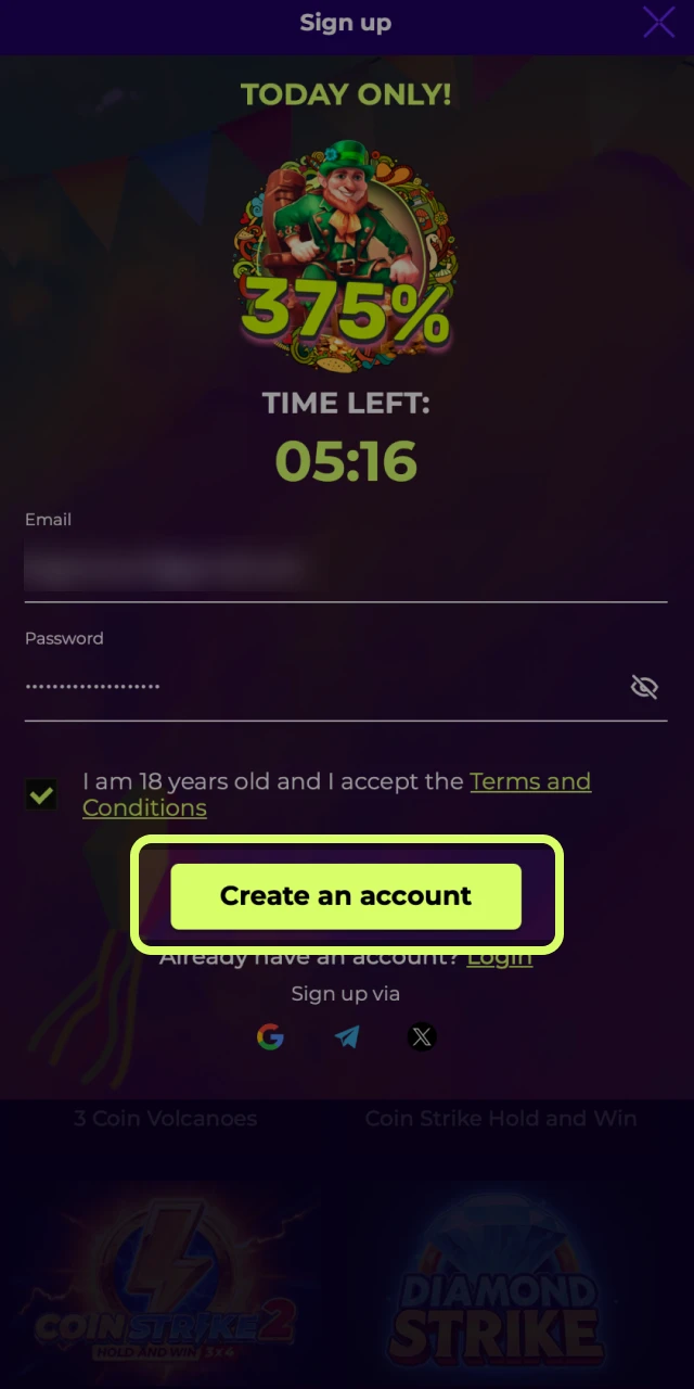 Create a password, confirm age, and complete registration at Amigo wins casino.