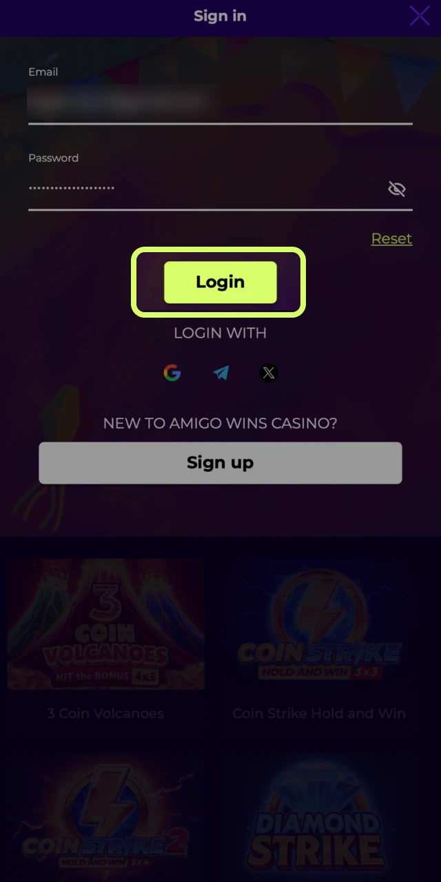 Install the Amigo wins app and sign in.
