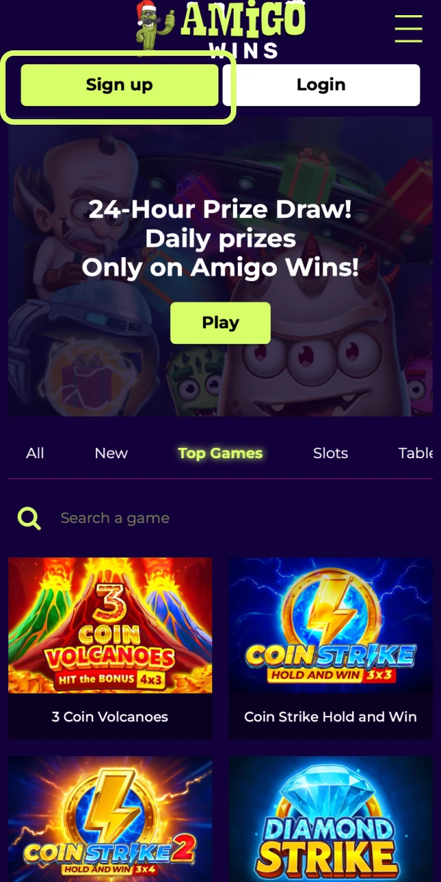 Open the official Amigo wins app.