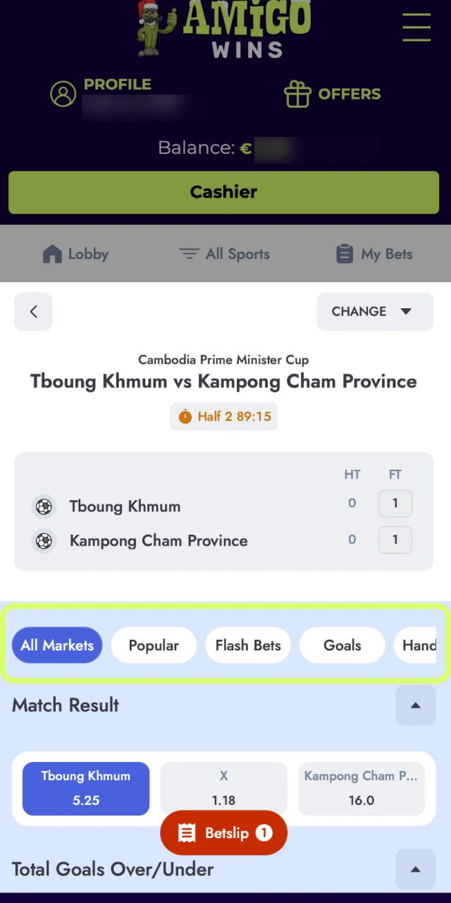 Pick a market and add odds to the bet slip at Amigo wins.