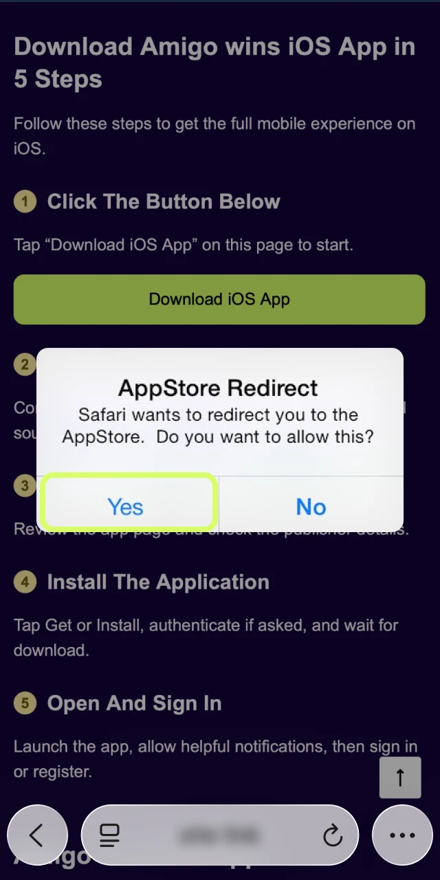 Confirm any Safari message to proceed to the official source.