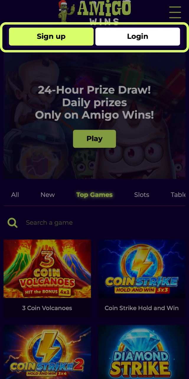 Launch the Amigo wins app, allow helpful notifications, then sign in or register.