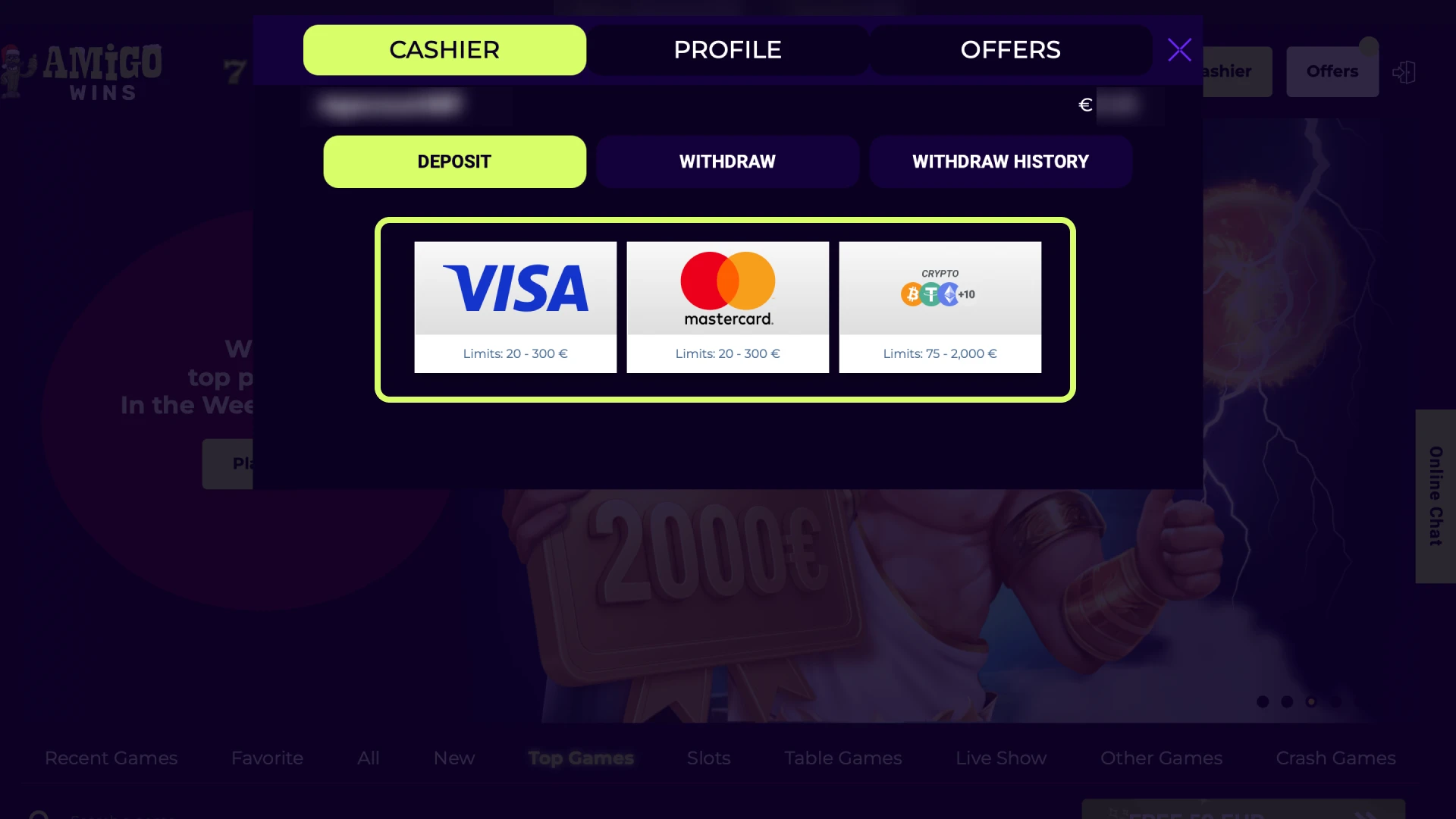 Pick UK debit card, bank transfer, e-wallet, Apple Pay, Google Pay, or USDT ERC20 to pay at Amigo wins official website.