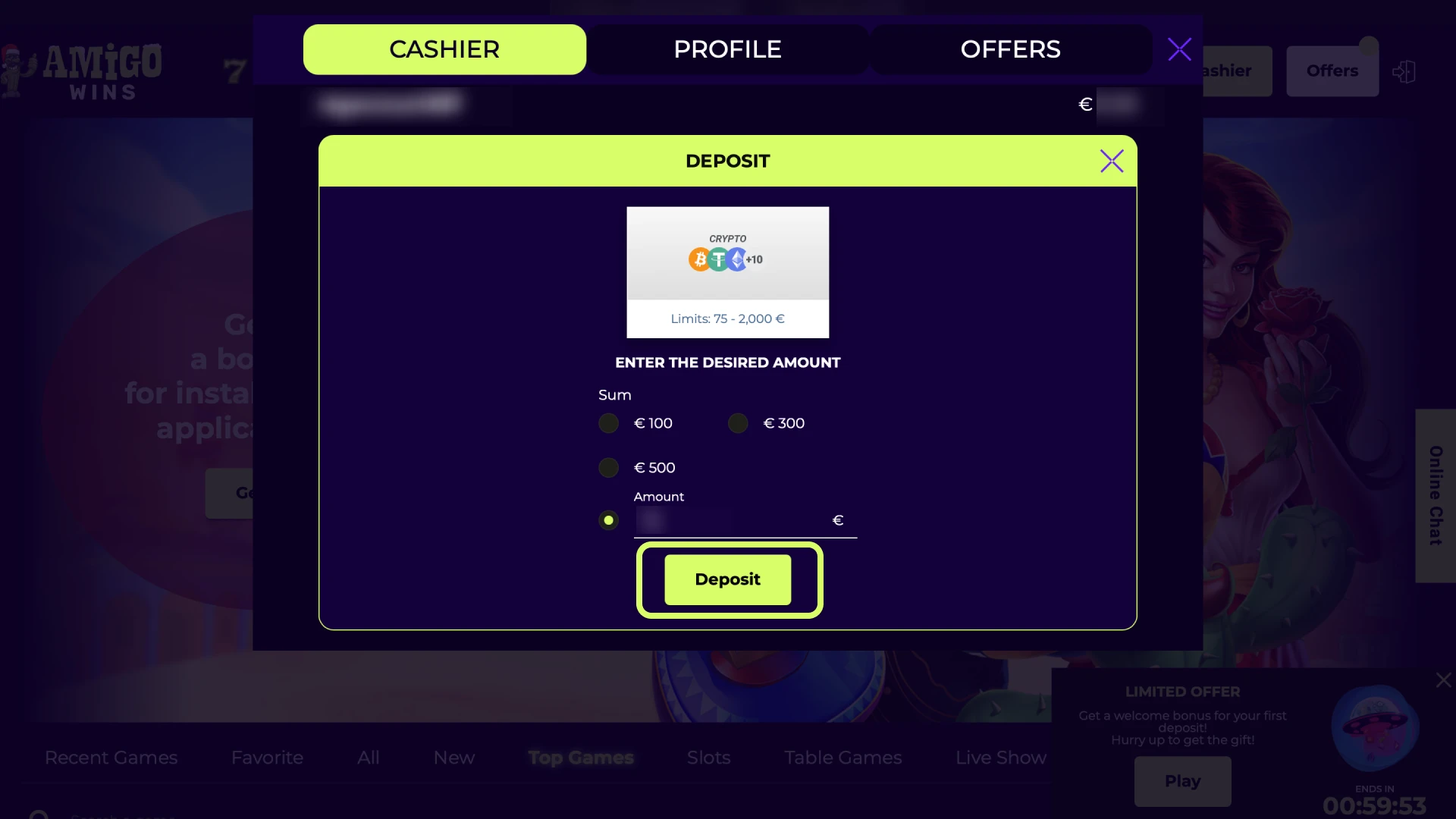Type your Amigo wins deposit amount and the required card, wallet, or bank details.