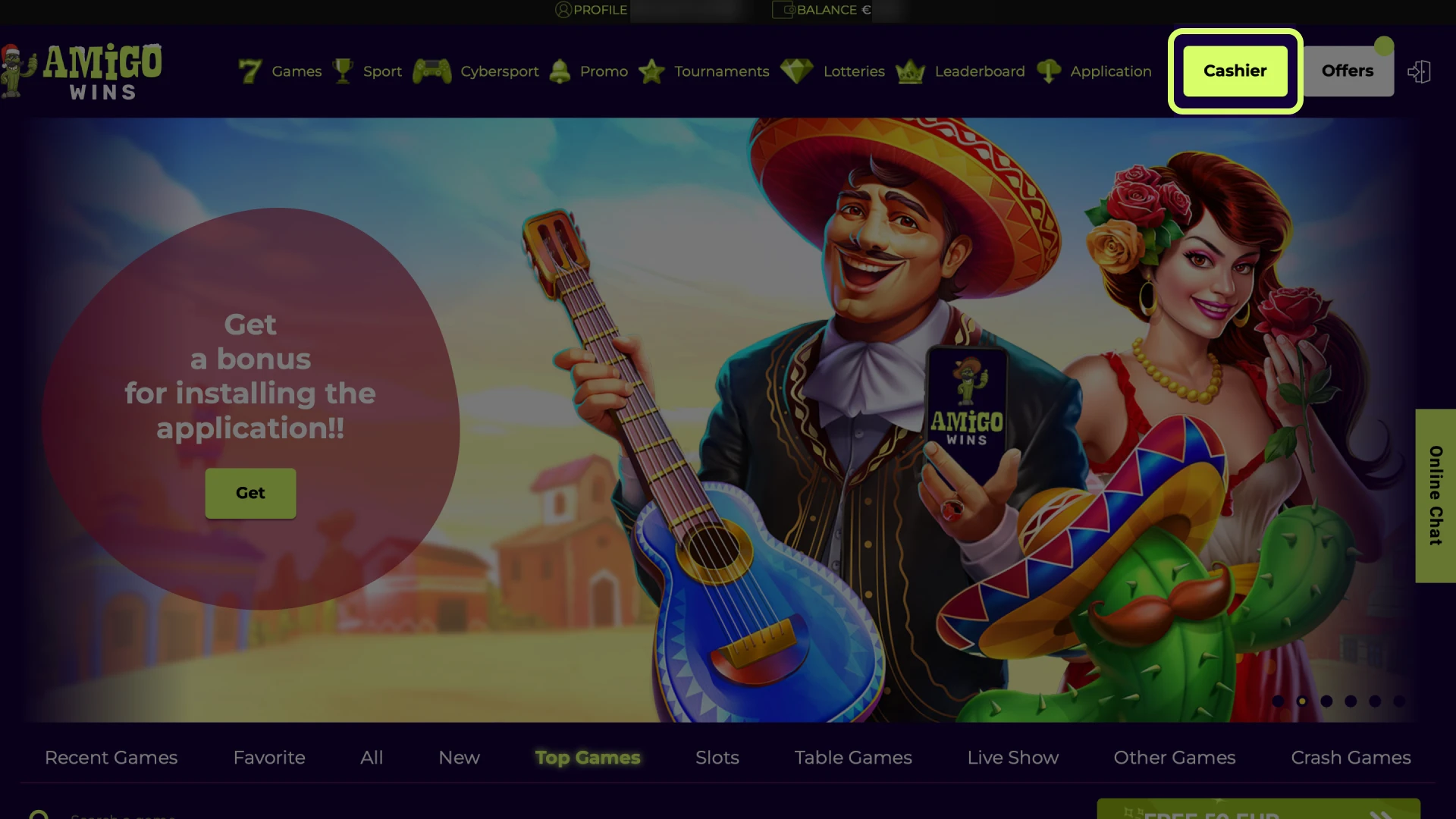 Select Deposit to open the cashier at Amigo wins.