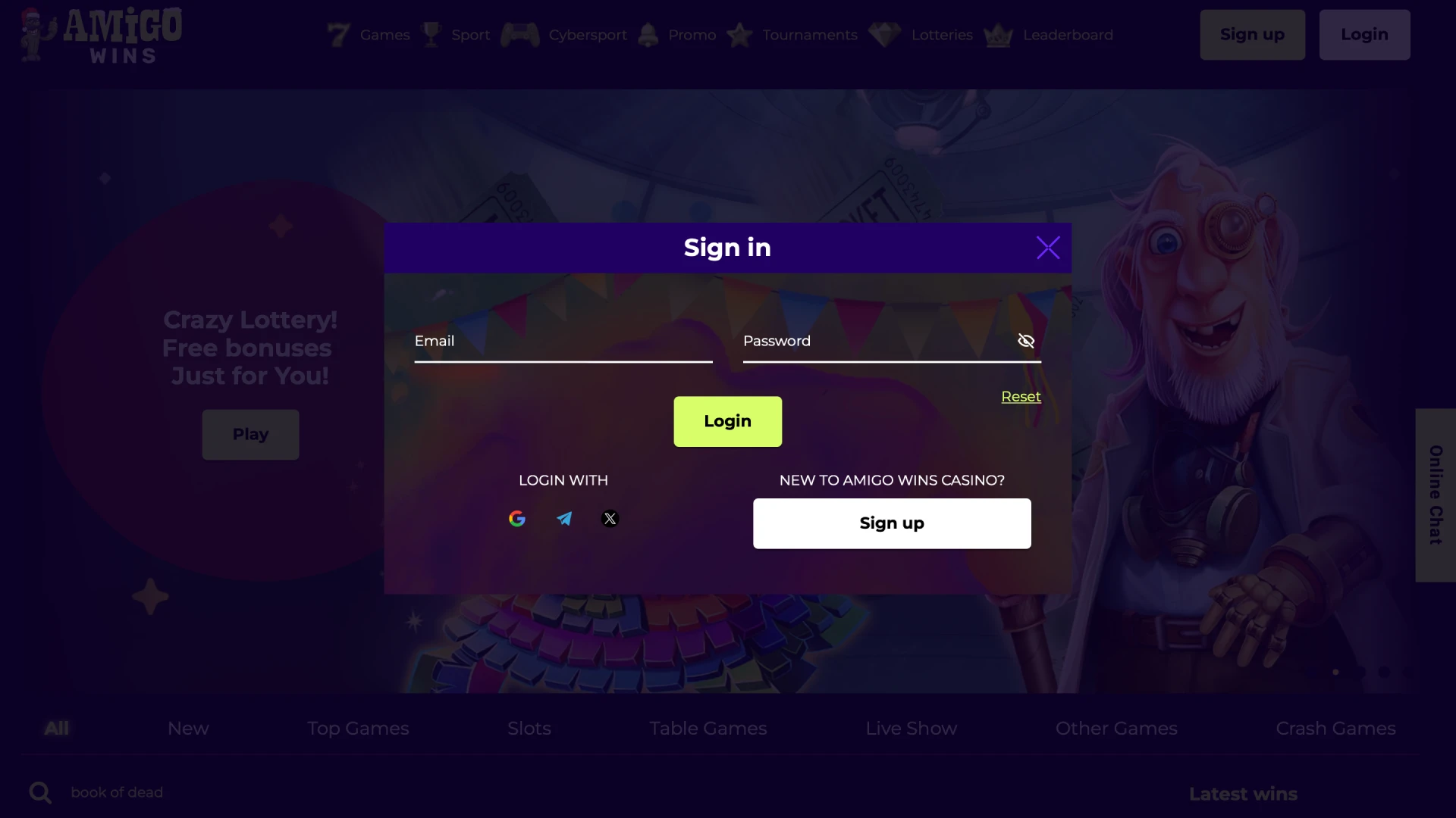 Go to the secure Amigo wins login page.