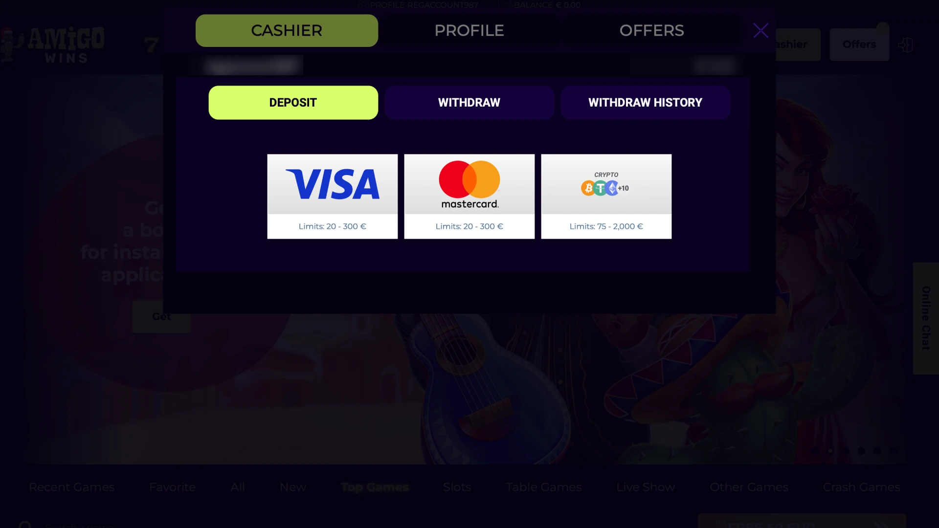 Choose Visa, Mastercard, or crypto and add funds in GBP at Amigo wins.