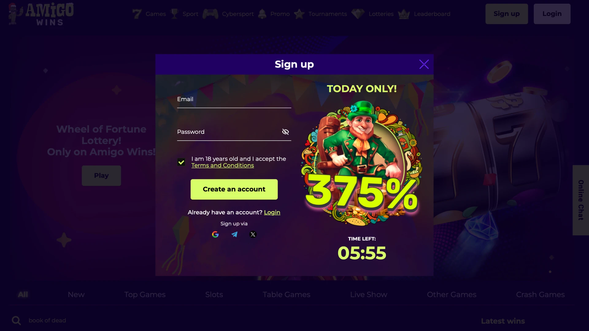 Open the sign‑up Amigo wins form on the official site.
