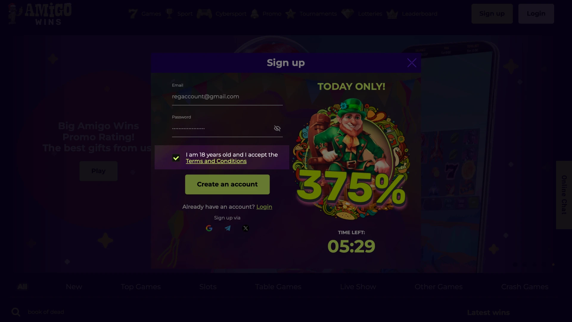 Confirm you are over 18 and accept the terms of Amigo wins casino.