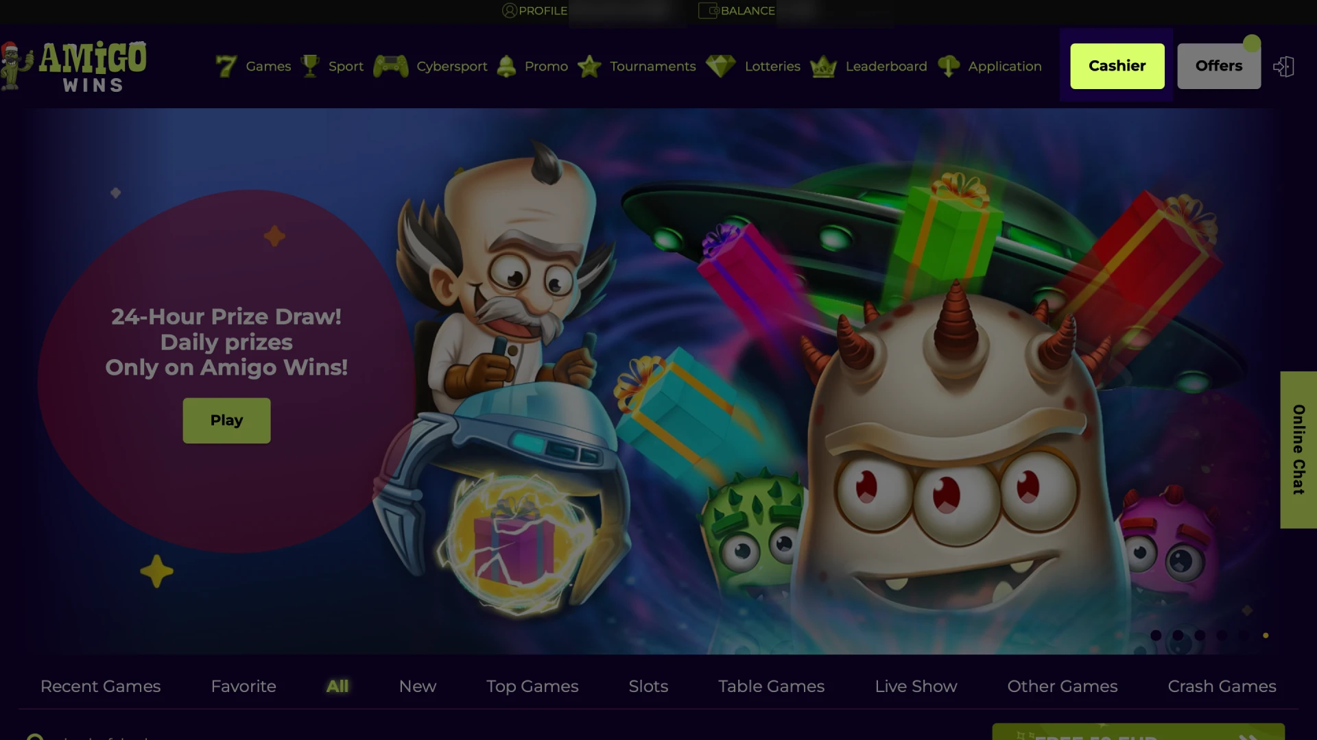 Log in Amigo wins, choose a payment method, and go to Cashier.