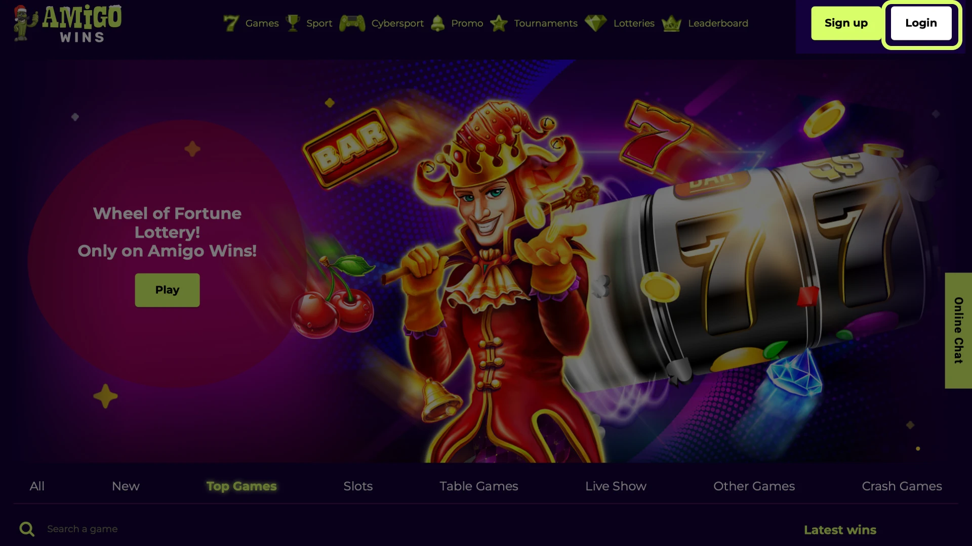 Click Login on the Amigo wins official site or in the app.