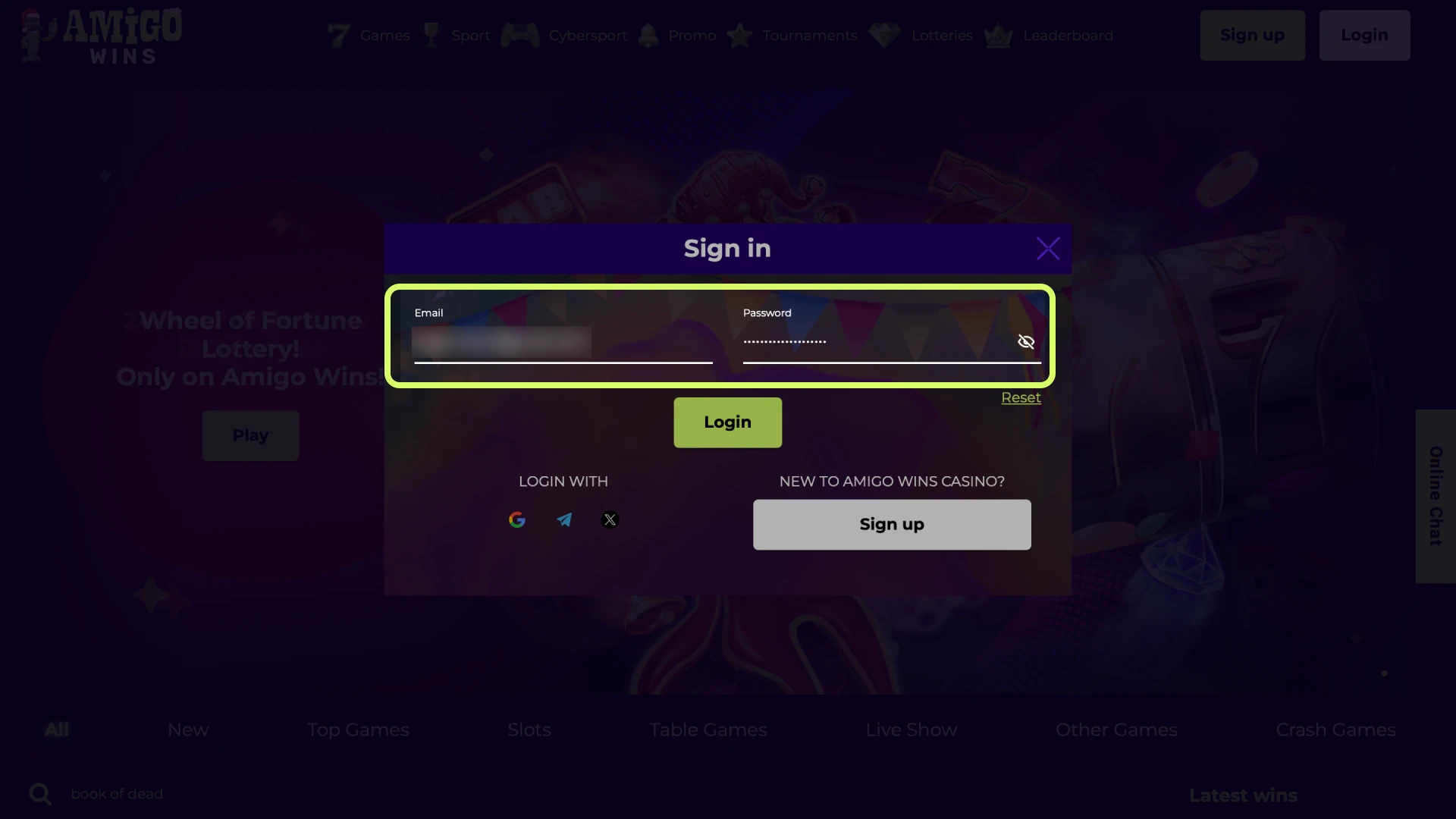Enter your email or phone number and password of Amigo wins account.