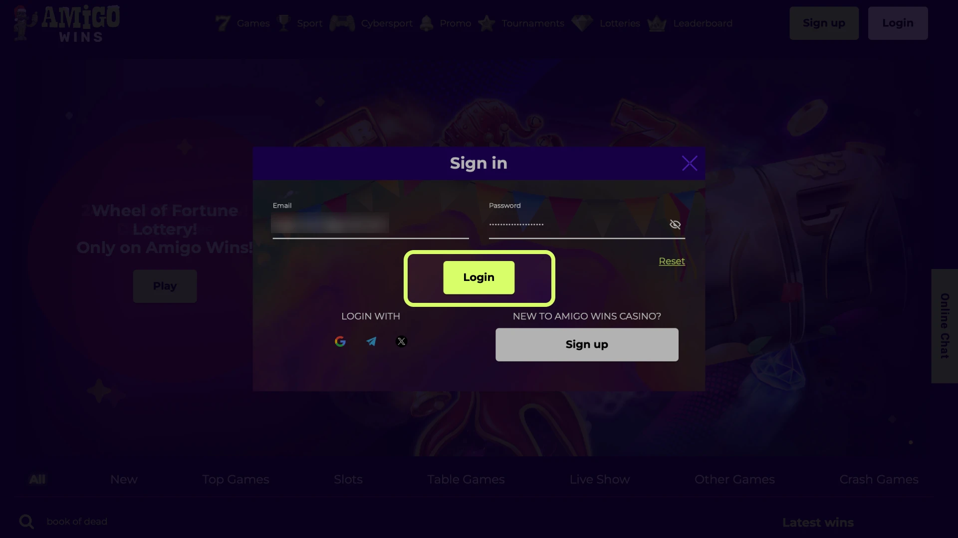 Press Login button to access your account at Amigo wins.